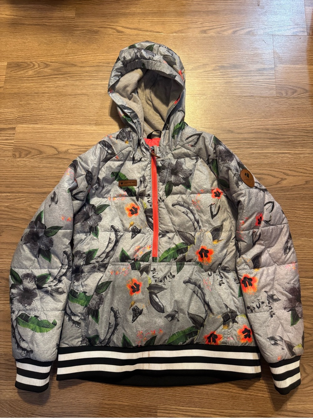 Obermeyer Floral Puffer Hoodie in Gray with Orange & Green Accents